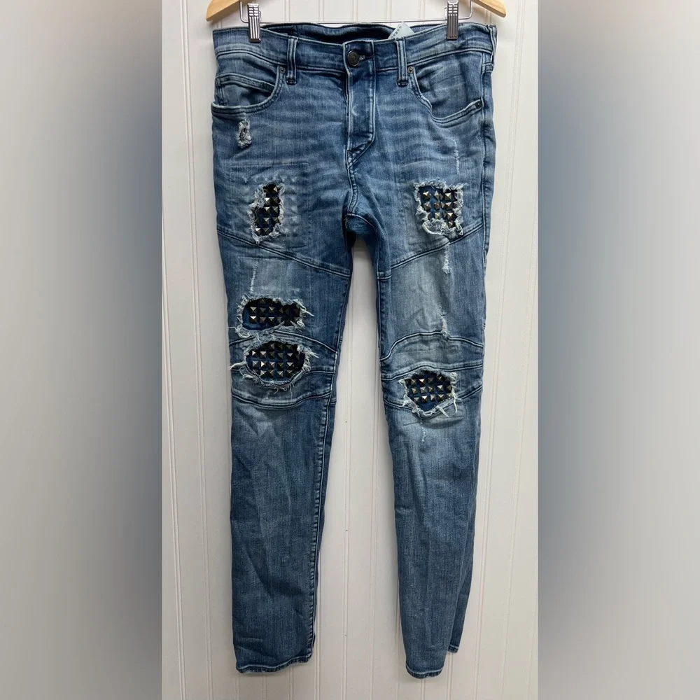 True Religion Jeans Men 31 Blue Rocco Biker Relaxed‎ Skinny Distressed Studded